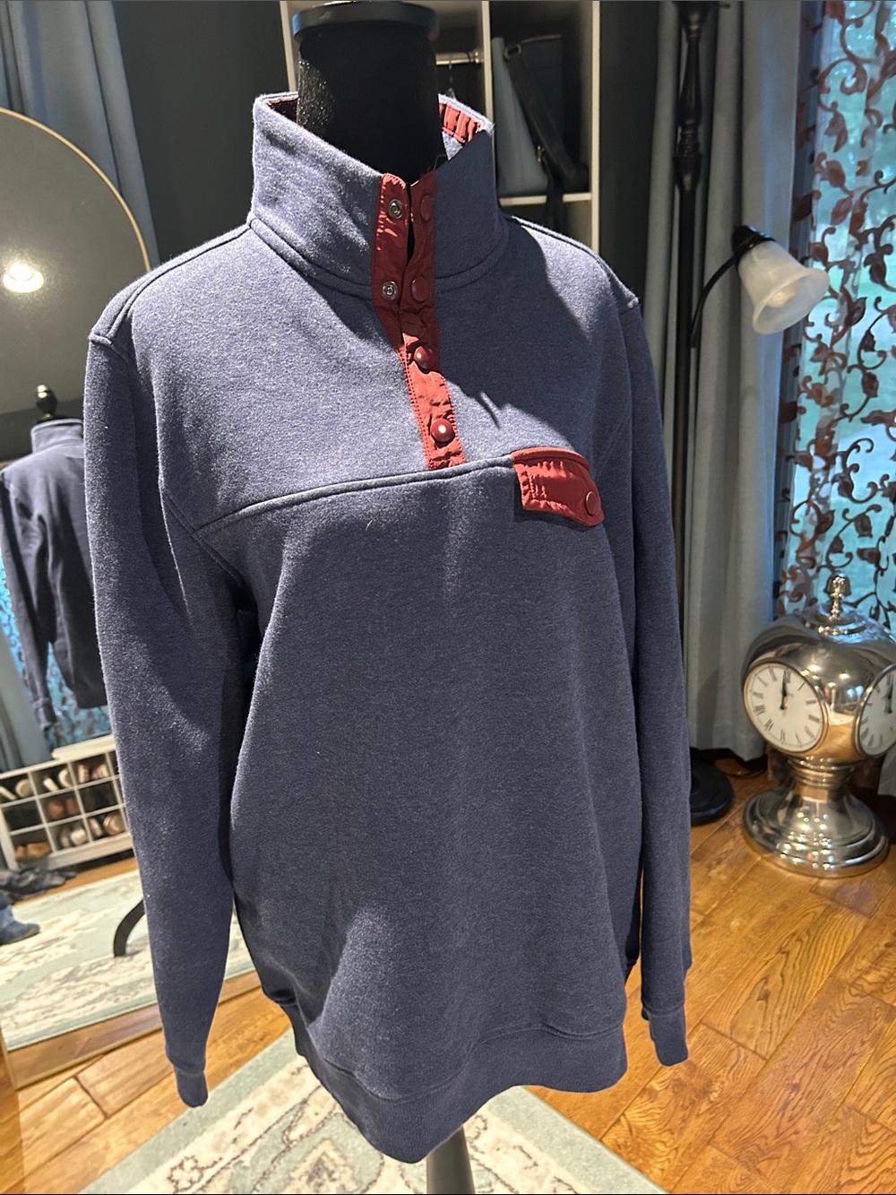 St. John's Bay Navy Zip-Up Sweater with Red Snap Placket